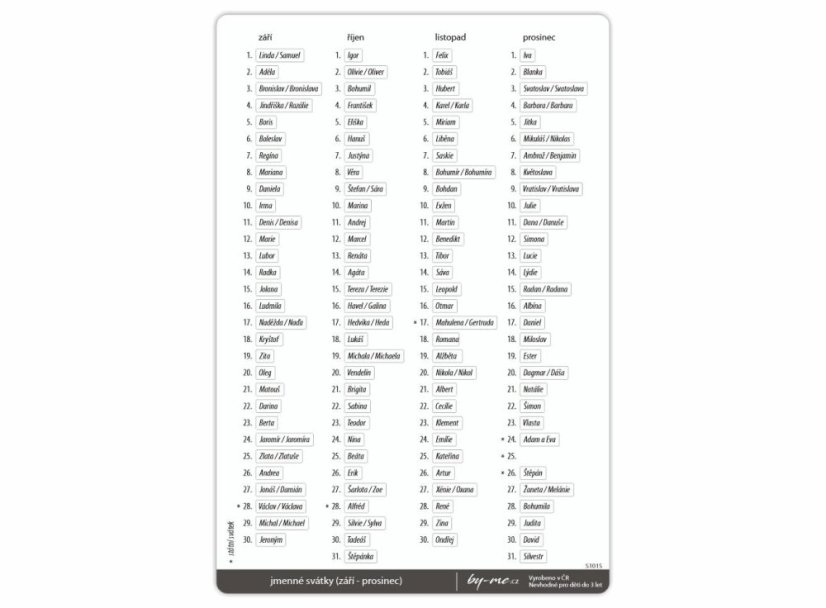 samolepky jmenné svátky - arch: září - prosinec